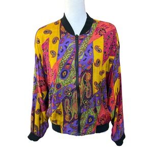 Vintage Ride Paisley Patchwork Bomber Jacket Multi-Color Full‎ Zip Women L